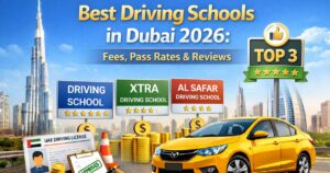 Best Driving Schools in Dubai 2026 featured image showing Dubai skyline, car on road, driving school comparison boards, fees and review concept.