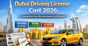 Dubai Driving License Cost 2026 featured image showing Dubai skyline, yellow car, fee breakdown concept, driving school cost comparison and approved license document.