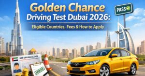 Golden Chance Driving Test Dubai 2026 featured image showing Dubai skyline, yellow car, UAE driving license mockup, approved clipboard and pass sign.